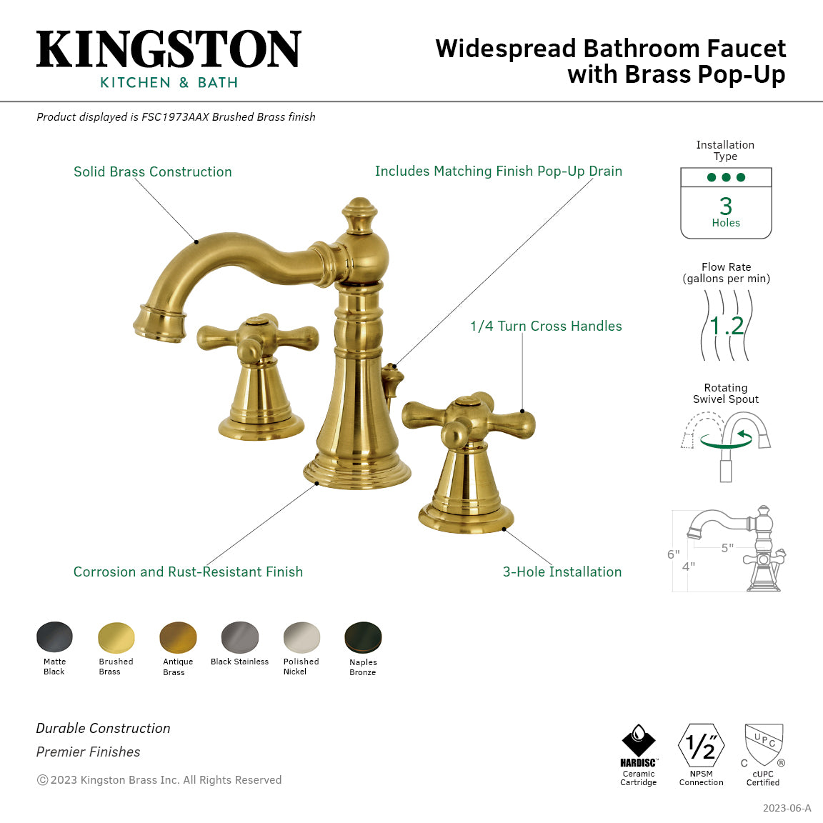 Kingston Heirloom FSC1976AAX - American Classic Two-Handle 3-Hole Deck Mount Widespread Bathroom Faucet with Brass Pop-Up, Naples Bronze — thumbnail 2